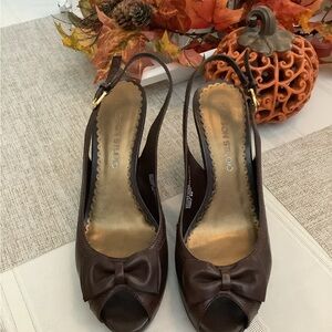 Brown Open-Toe Slingback Wedge Heels